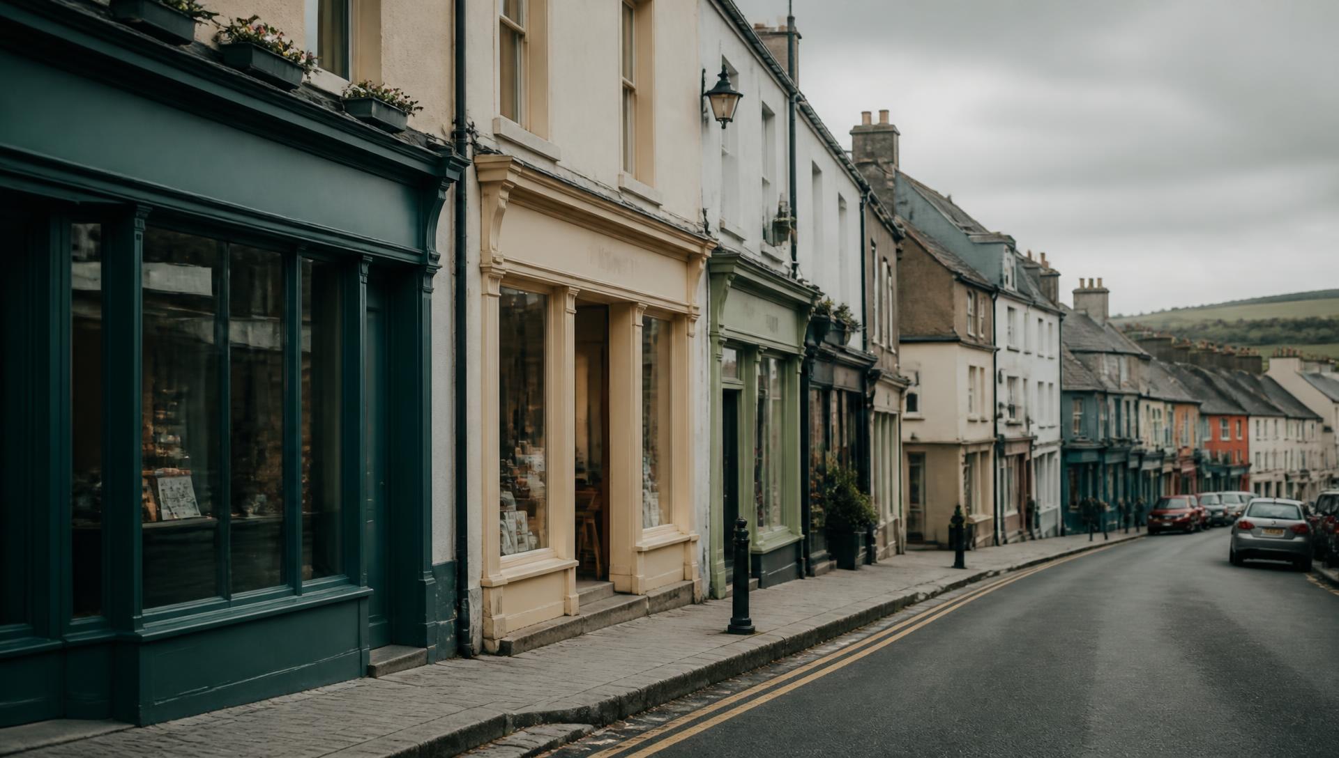 Independent shopfronts along a small Northern Irish high street