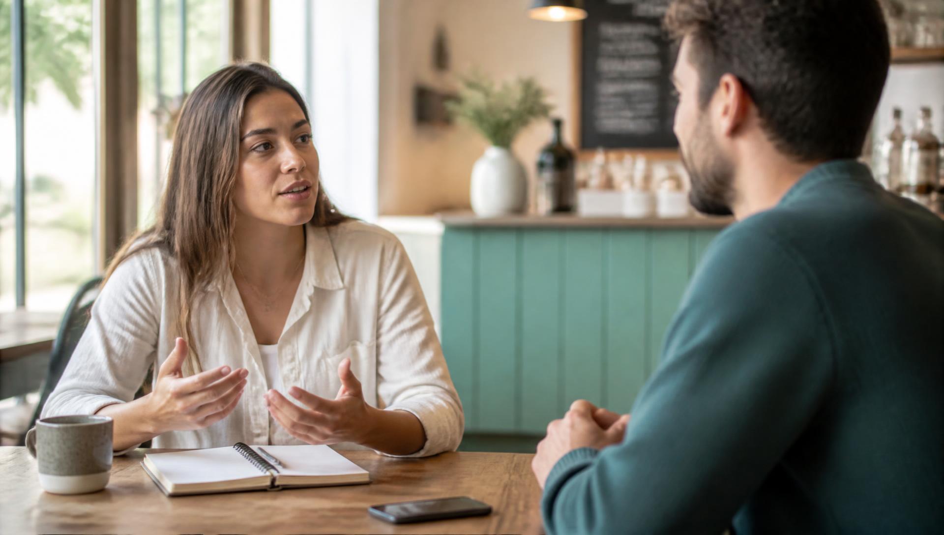 Two people talking over a notebook in a bright cafe
