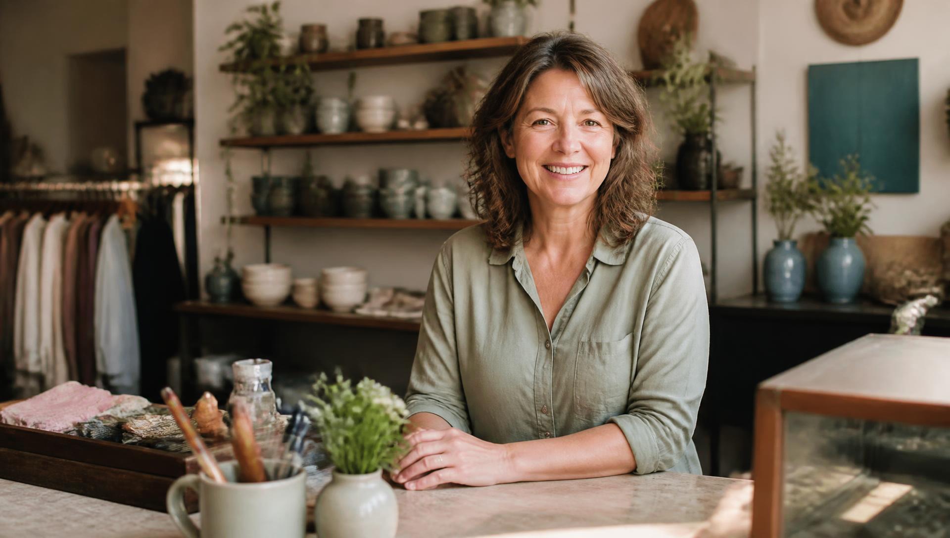 Independent shop owner smiling behind their counter