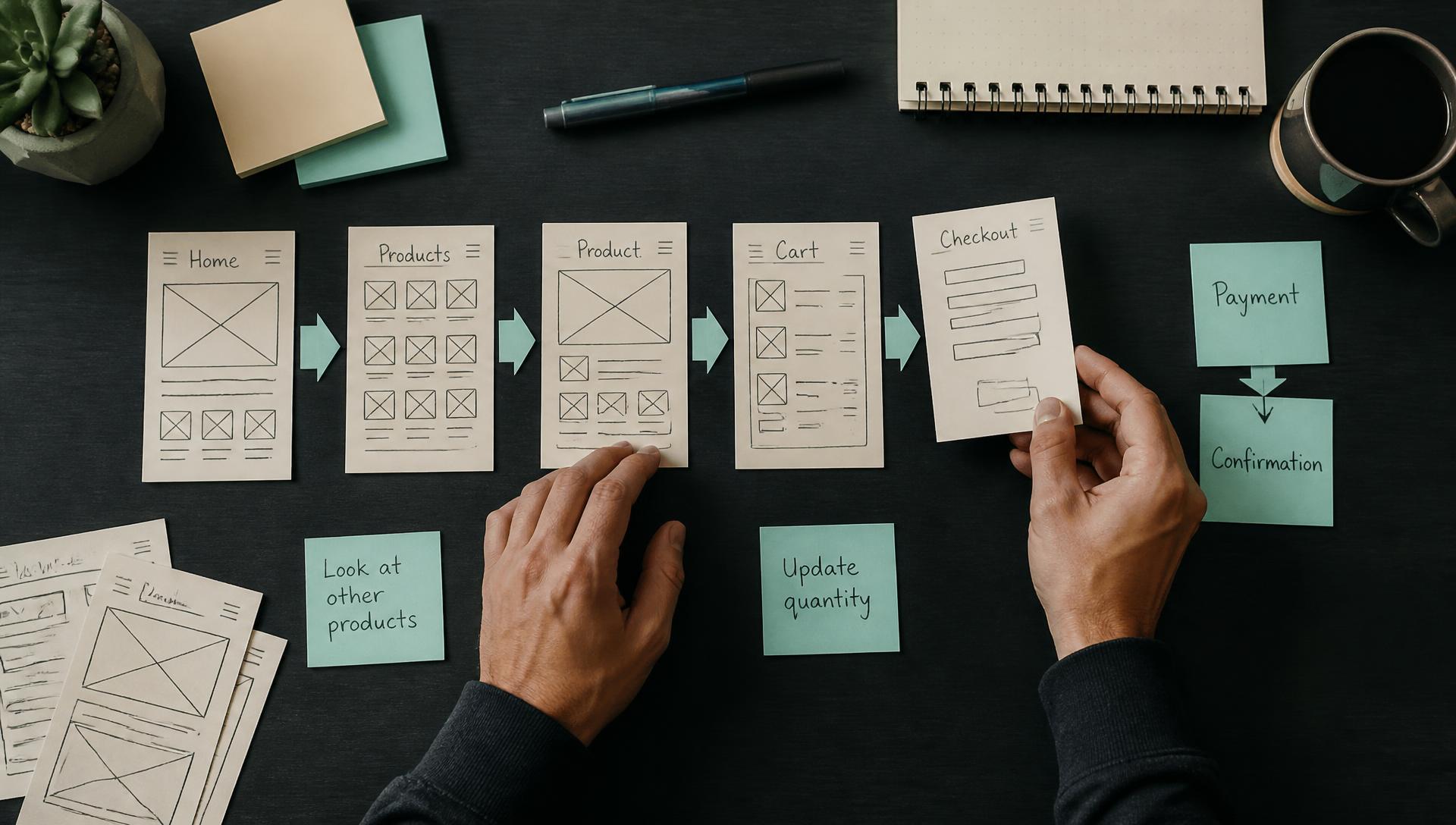 Hands arranging paper wireframe sketches in a flow on a desk