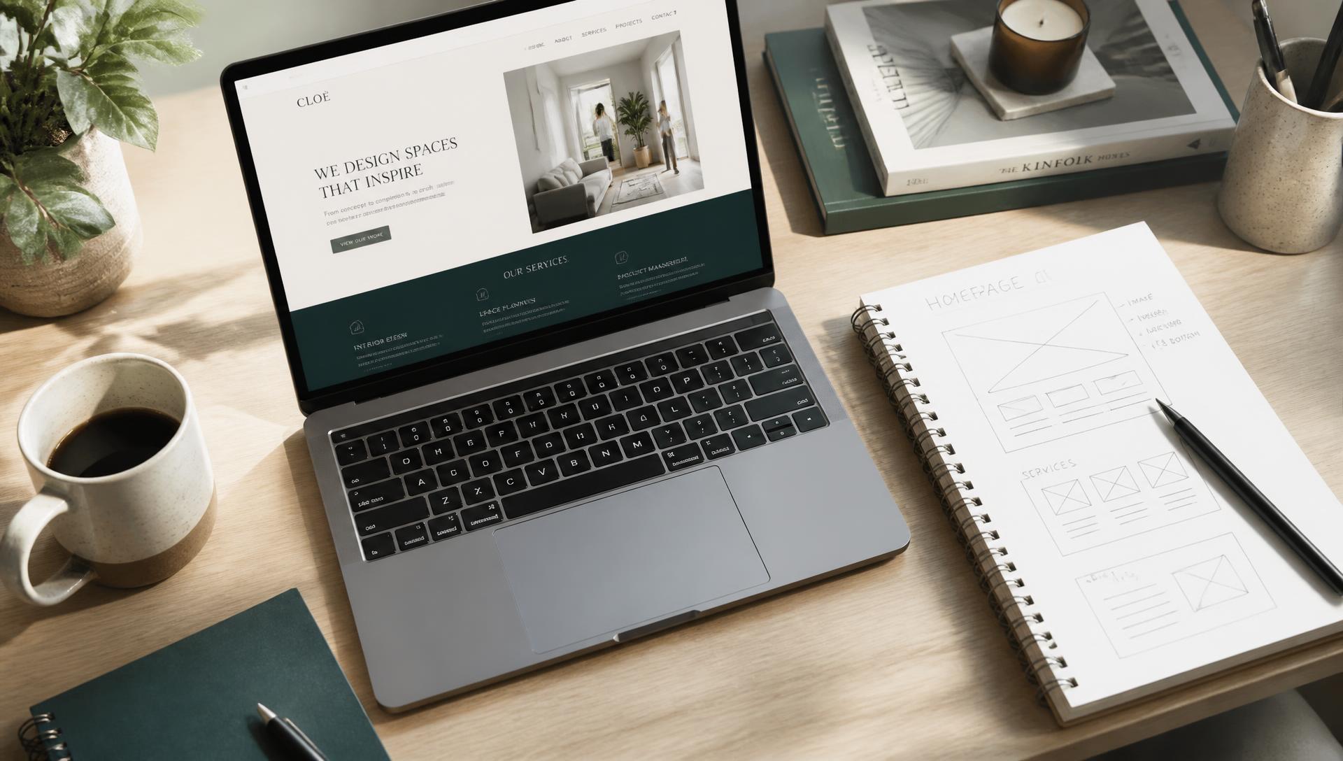 Laptop showing a website design beside wireframe sketches on a desk
